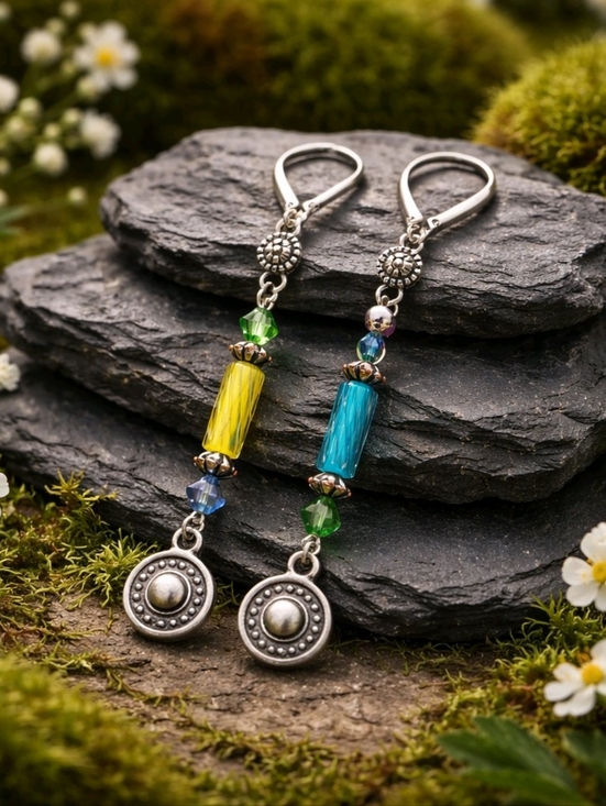 Handmade Jewelry - Flirty Eclectic Asymmetric Beaded Art Glass Dangle Earrings